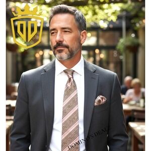 Bruno Pirttelli Silk Tie Pink Gray Paisley Stripe XL Made USA With Pocket Square